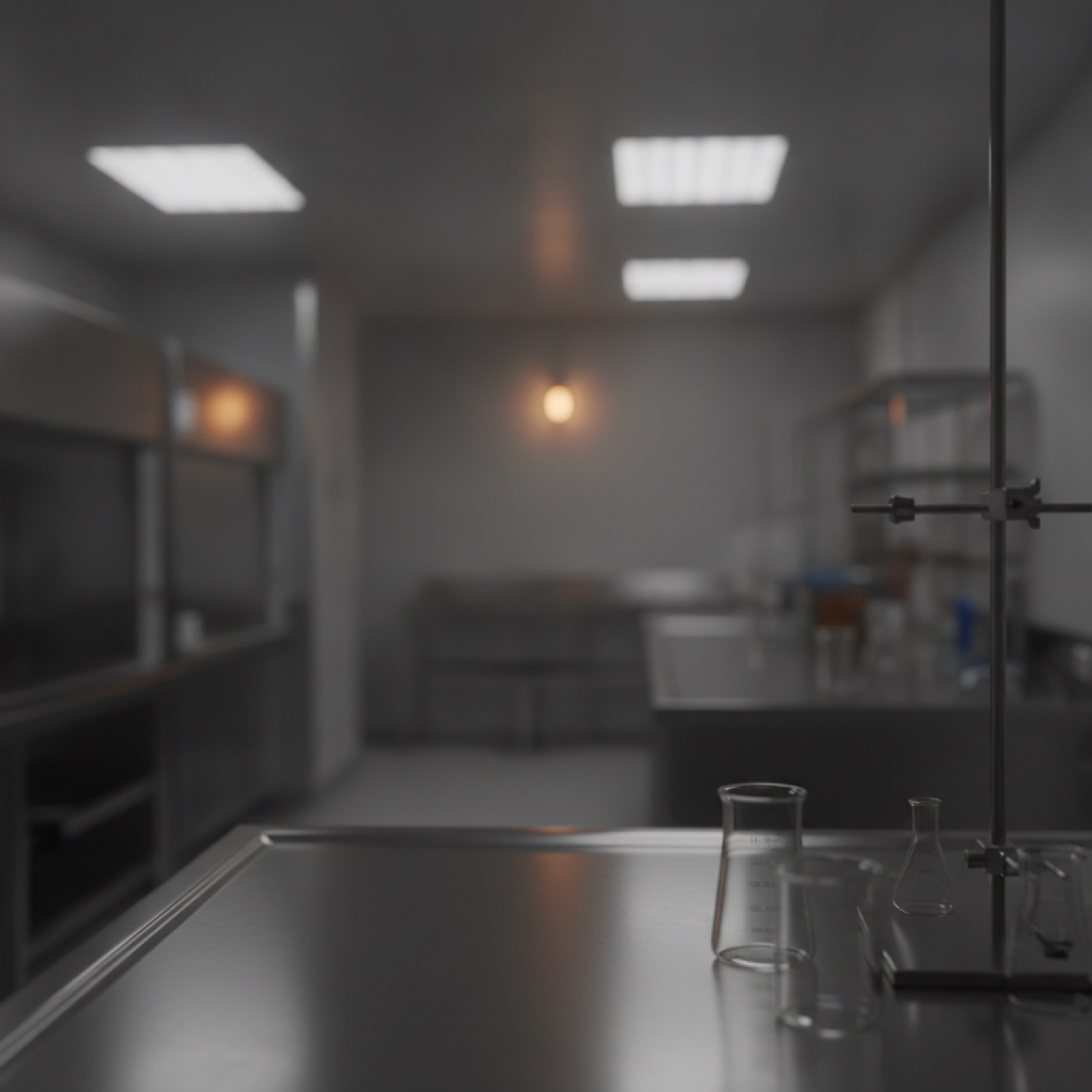 Atmospheric pharmaceutical compounding cleanroom with stainless steel and a warm amber accent