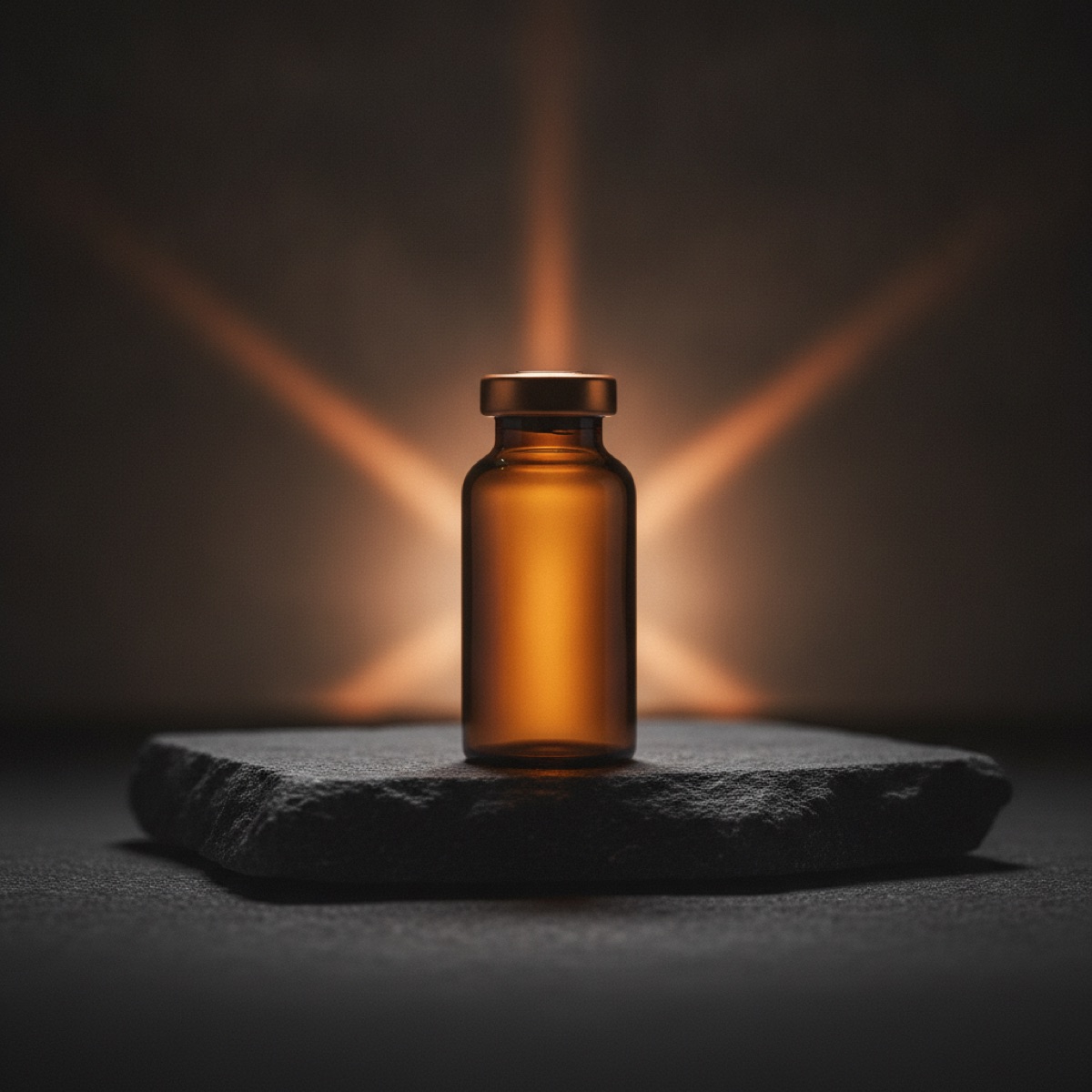 A single amber peptide vial on graphite stone lit by an ember rim light